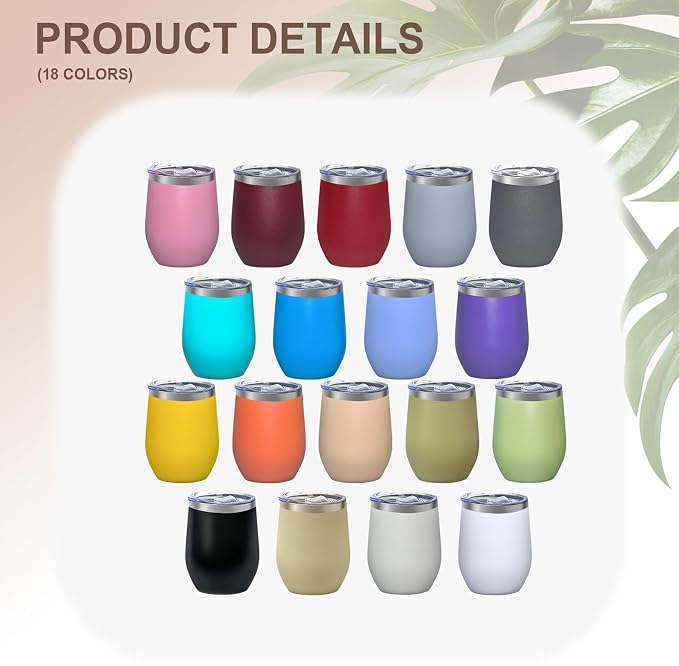 18 Pack Stainless Steel Wine Tumbler with lid, 12oz Insulated Powder Coated Wine Tumbler Stemless Double Wall Vacuum Wine Glass Coffee Tumbler Bulk Laser Engrave, DIY Gift, 18 Colors - Image 3