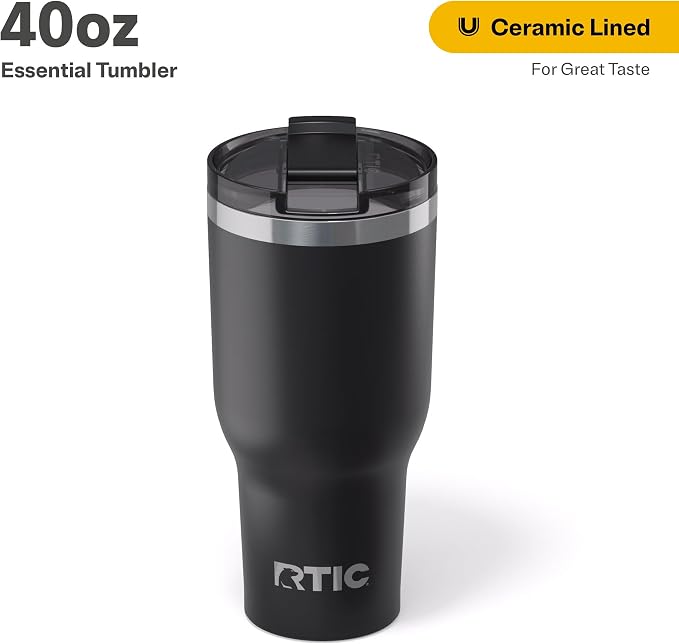 RTIC 40oz Essential Tumbler with Lid, Ceramic Lined, Insulated, Stainless Steel, Metal, Double Wall Vacuum-Insulation, Travel Cup for Iced Coffee, Tea, Hot and Cold Drink, Black - Image 2