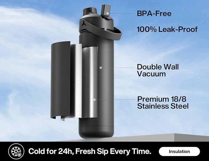 POWCAN 26 oz Insulated Water Bottle with 2-in-1 Straw and Spout Lid, Keep Cold 24H, Leak-Proof, Fits in Car Cup Holder, Stainless Steel Water Bottle for Sports, Travel, and School (Dark Knight) - Image 2