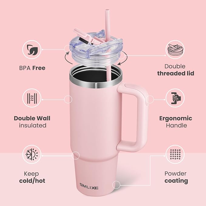30 oz Tumbler with Handle, Tumbler with Lid and Straw, Double Wall Vacuum Insulated Travel Mug Stainless Steel Tumbler for Hot and Cold, Cupholder Friendly (Pink) - Image 2