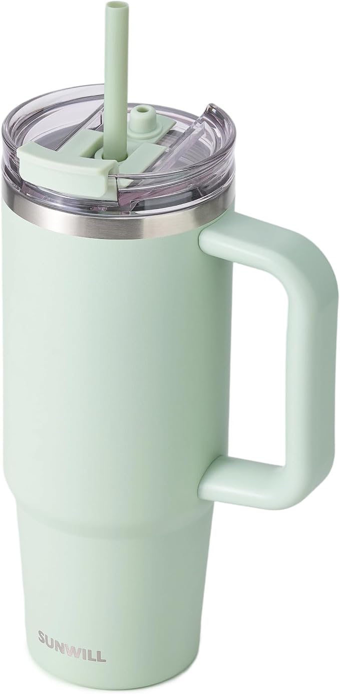 SUNWILL Coffee Tumbler with Handle, 30 oz Travel Mug with Lid and Straw Insulated, Stainless Steel Cup Leak Proof for Travel & Outdoor, Cupholder Friendly, Powder Coated Matcha Cream by SUNWILL
