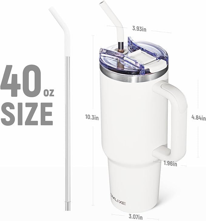 40 oz Tumbler with Handle and Straw Lid,Insulated Reusable Stainless Steel Water Bottle Travel Mug，Cupholder Friendly Double Wall Vacuum Sealed Cup (Snow) - Image 3