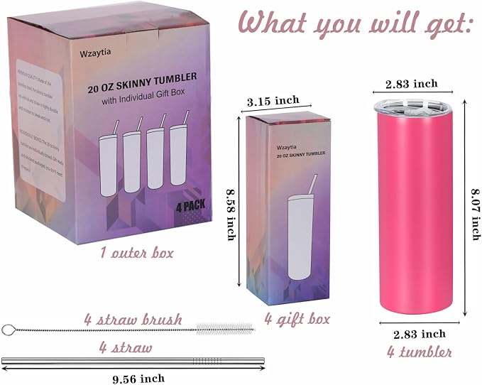 4 Pack 20 Oz Straight Skinny Tumblers,Individually Gift Boxed Stainless Steel Slim Skinny Tumbler Set Bulk, 20 Oz Insulated Slim Thin Travel Tumbler Cup for Diy,Hot Pink - Image 2