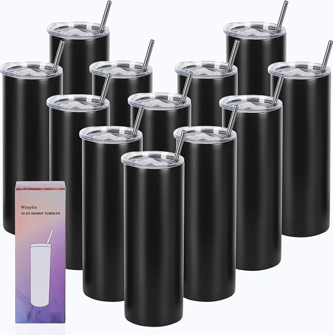 12 Pack 20 Oz Straight Skinny Tumblers,Individually Gift Boxed Stainless Steel Slim Skinny Tumbler Set Bulk, 20 Oz Insulated Slim Thin Travel Tumbler Cup for Diy, Black by Wzaytia