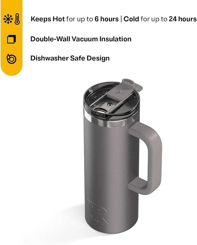 RTIC 20oz Road Trip Travel Mug with Lid and Handle, Ceramic Lined, Insulated, Stainless Steel, Metal, Double Wall Vacuum-Insulation, Portable Coffee, Tea Cup for Hot and Cold Drink, Graphite - Image 2