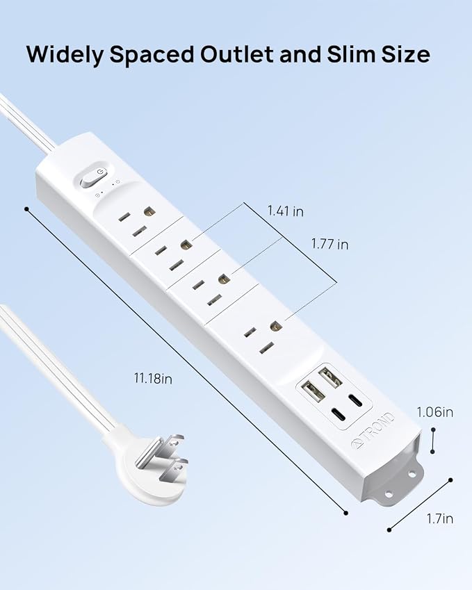 TROND Flat Plug Power Strip USB-10ft Flat Extension Cord Surge Protector Wall - Image 7