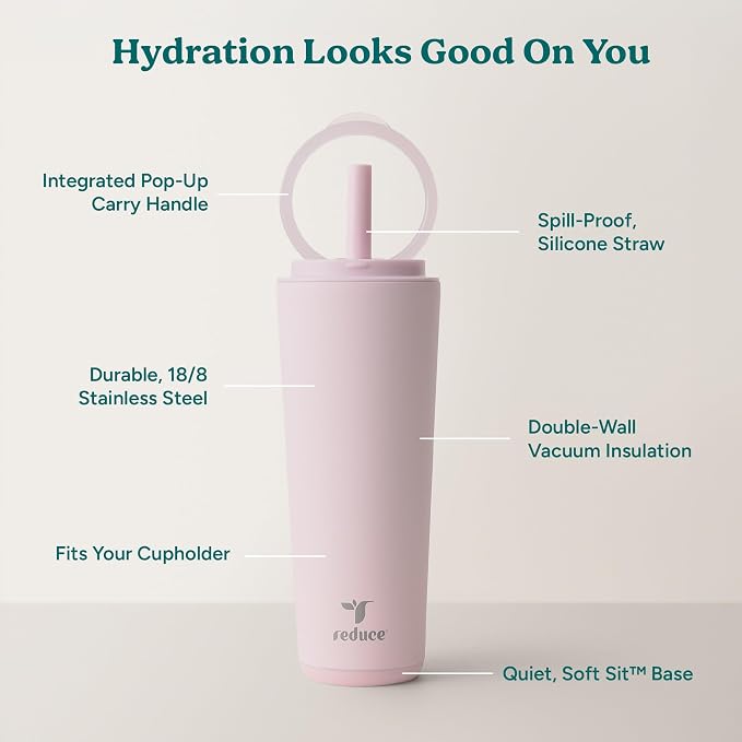 REDUCE Halo 24 oz Stainless Steel Vacuum Insulated Tumbler - Spill Proof Travel Mug with Flip Handle Lid - Keeps Drinks Cold for 32 Hrs - Dishwasher Safe - Cupholder Friendly - Pink Quartz - Image 4