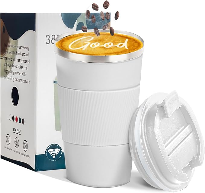 YINBAOGE Insulated Travel Coffee Mug, Spill & Leak Proof, Portable To Go Camping Stainless Steel Coffee Tumbler, Reusable Thermal Coffee Cup with Lid for Hot & Cold Drinks (White, 17 OZ) by YINBAOGE