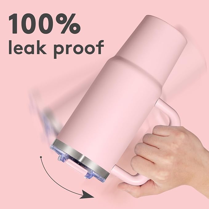 30 oz Tumbler with Handle, Tumbler with Lid and Straw, Double Wall Vacuum Insulated Travel Mug Stainless Steel Tumbler for Hot and Cold, Cupholder Friendly (Pink) - Image 3