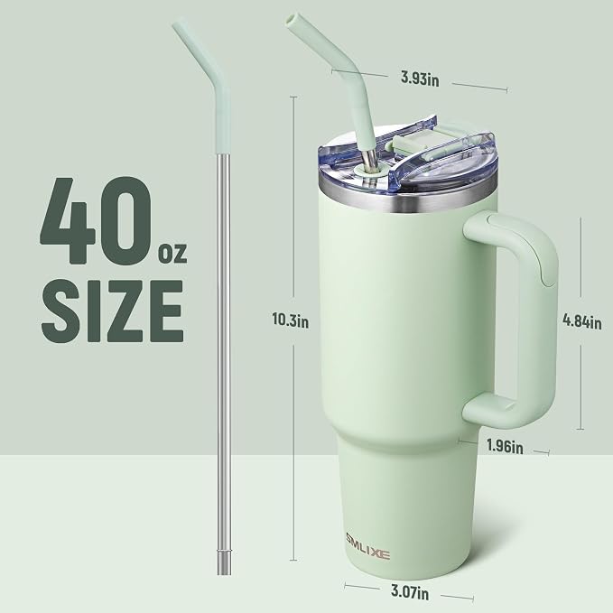 40 oz Tumbler with Handle and Straw Lid,Insulated Reusable Stainless Steel Water Bottle Travel Mug，Cupholder Friendly Double Wall Vacuum Sealed Cup (Light Green) - Image 3