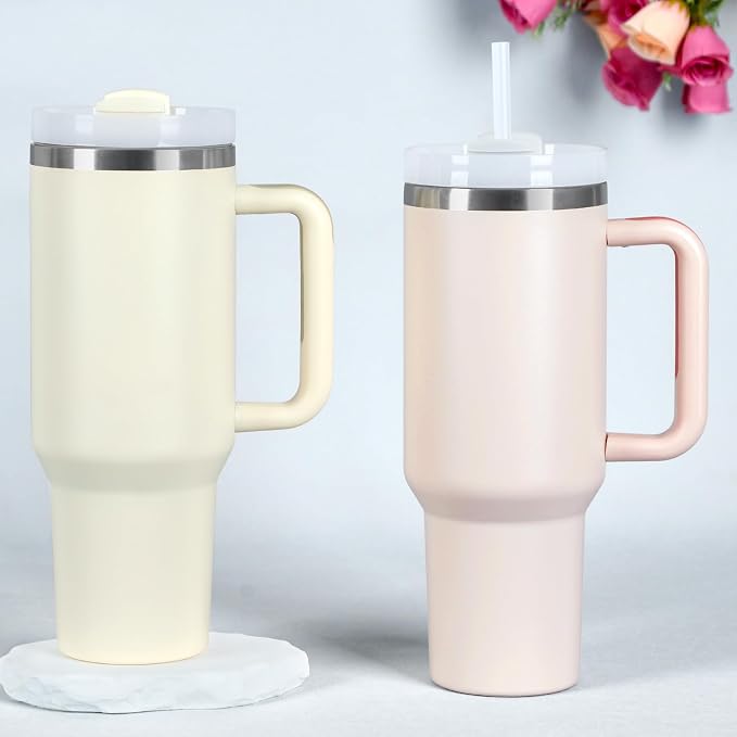 4 Pack 40 Oz Tumbler with Handle Bulk, Double Wall Vacuum Insulated Stainless Steel Tumbler with Lid and Straw, 40 oz cup with Silicone Spill Proof Stopper Set (Cream) - Image 2