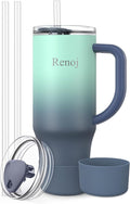 Renoj Insulated Mug 100% Spill Resistant Insulated Water Bottle for Iced Coffee & Hot Drinks - Fits Car Cup Holder, Ideal Gift, 2 Straws & Silicone Boot - FlexSlide Blue Gradient 32 oz by VisittheRenoj