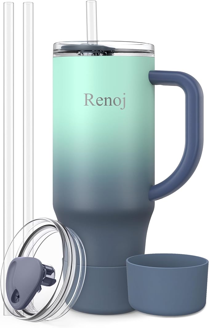Renoj Insulated Mug 100% Spill Resistant Insulated Water Bottle for Iced Coffee & Hot Drinks - Fits Car Cup Holder, Ideal Gift, 2 Straws & Silicone Boot - FlexSlide Blue Gradient 32 oz by VisittheRenoj