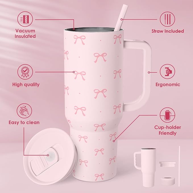 SANDJEST Gift for Women Girls - Coquette Bow Stainless Steel Tumbler with Handle, Travel Coffee Mug - Gifts for Birthday Christmas, 40oz - Image 2