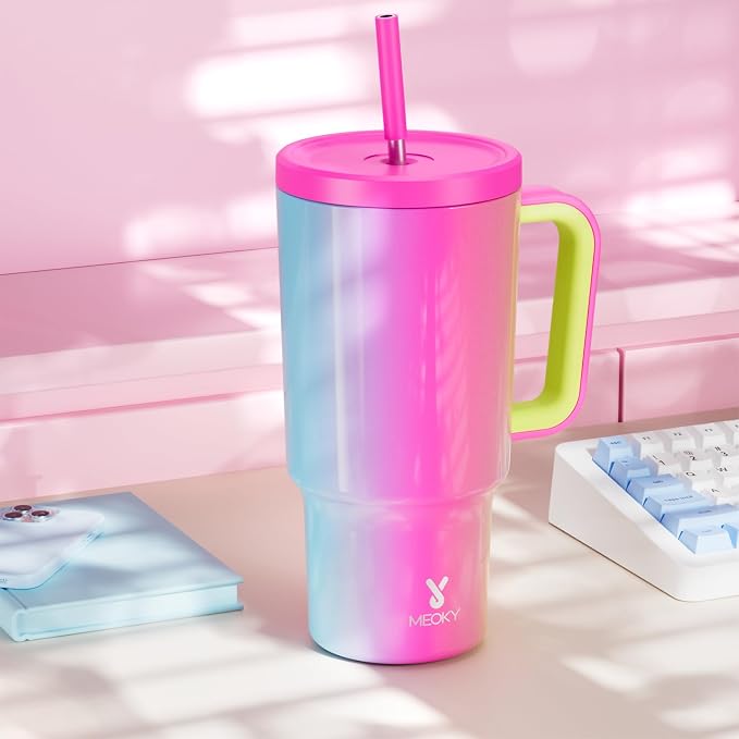 Meoky 30 oz Tumbler with Handle, Tumbler with Lid and Straw, Insulated Stainless Steel Travel Mug, 100% Leak-proof, Cupholder Friendly, Keeps Cold for 24 Hours or Hot for 8 Hours (Carnival) - Image 8