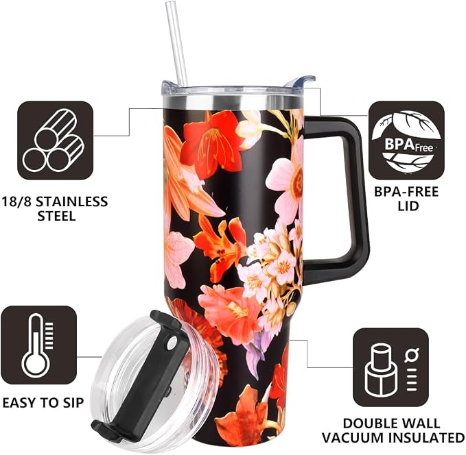 SYACOT 40 oz Tumbler with Handle and Straw Stainless Steel Insulated Tumbler Leak Proof Lid and Straw Lid Reusable Travel Mug Coffee Mug Cup Dishwasher Safe Keep Drinks Cold and Hot (Jasmine) - Image 4