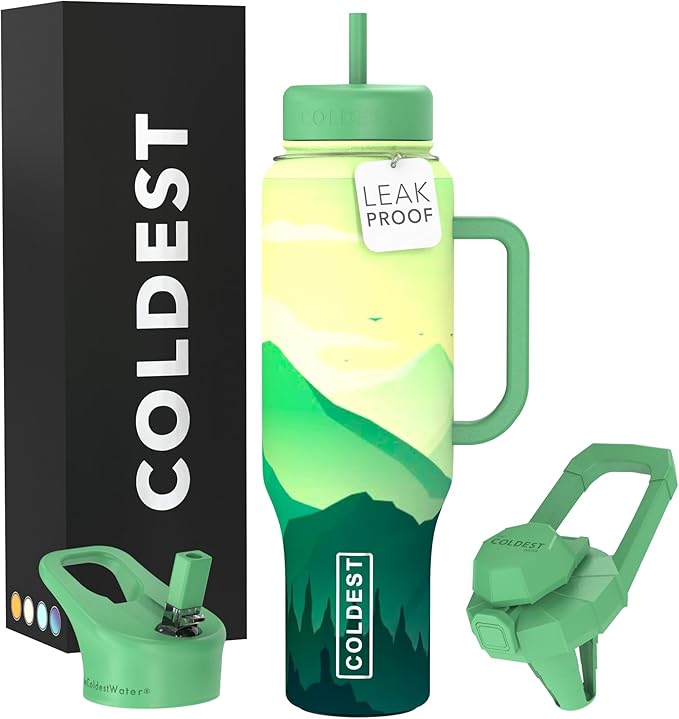 Coldest Tumbler with Handle and Straw - 100% Leak Proof Insulated Tumbler with Lid and Straw (3 Lids) - Stainless Steel Tumblers for Women & Men - Cup Holder Friendly Base, 46 oz (Happy Camper) by Coldest