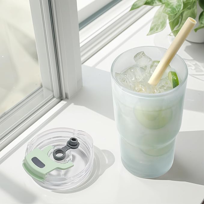 Iced Coffee Cups with Lids: Coffee Bar Accessories - Ribbed Glass Tumbler with Silicone Straw and Lid - 20oz Leak Proof Reusable Glass Cups and Tumblers with Lid and Silicone Straws(1Pcs-Blue) - Image 6