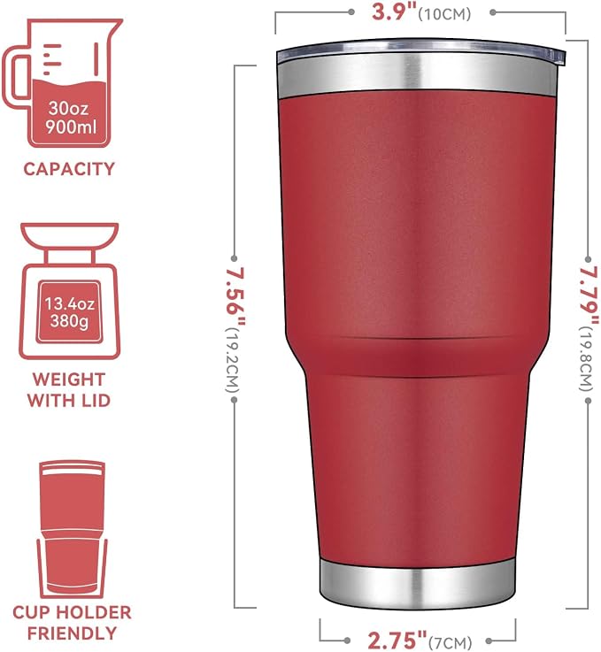 DOMICARE 30oz Tumbler Bulk with Lid and Straw, Double Wall Travel Coffee Mug, Insulated Vacuum Stainless Steel Tumblers, Powder Coated Tumbler Cup (Red, 8) - Image 3