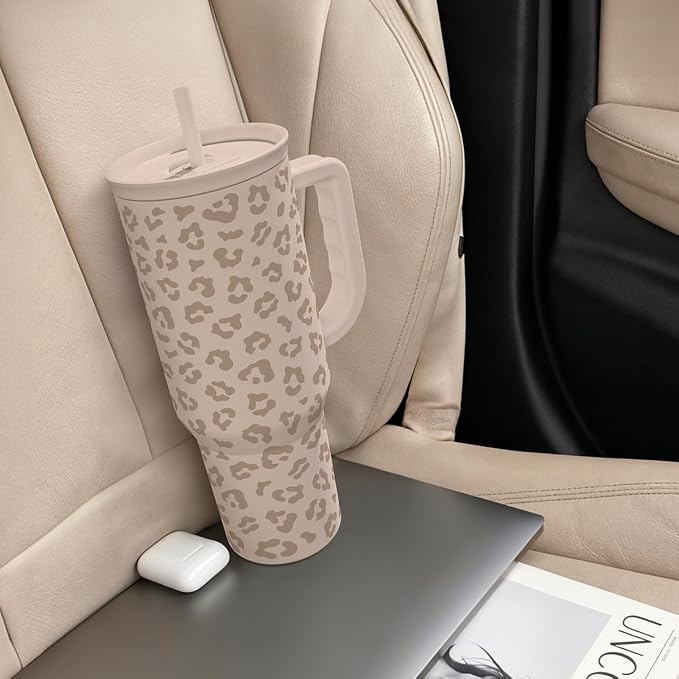 SANDJEST Leopard Tumbler with Handle, Insulated Cup Stainless Steel Travel Mug Cup, Gifts for Women Girl on Birthday Christmas, Tan Leopard, 40oz - Image 8