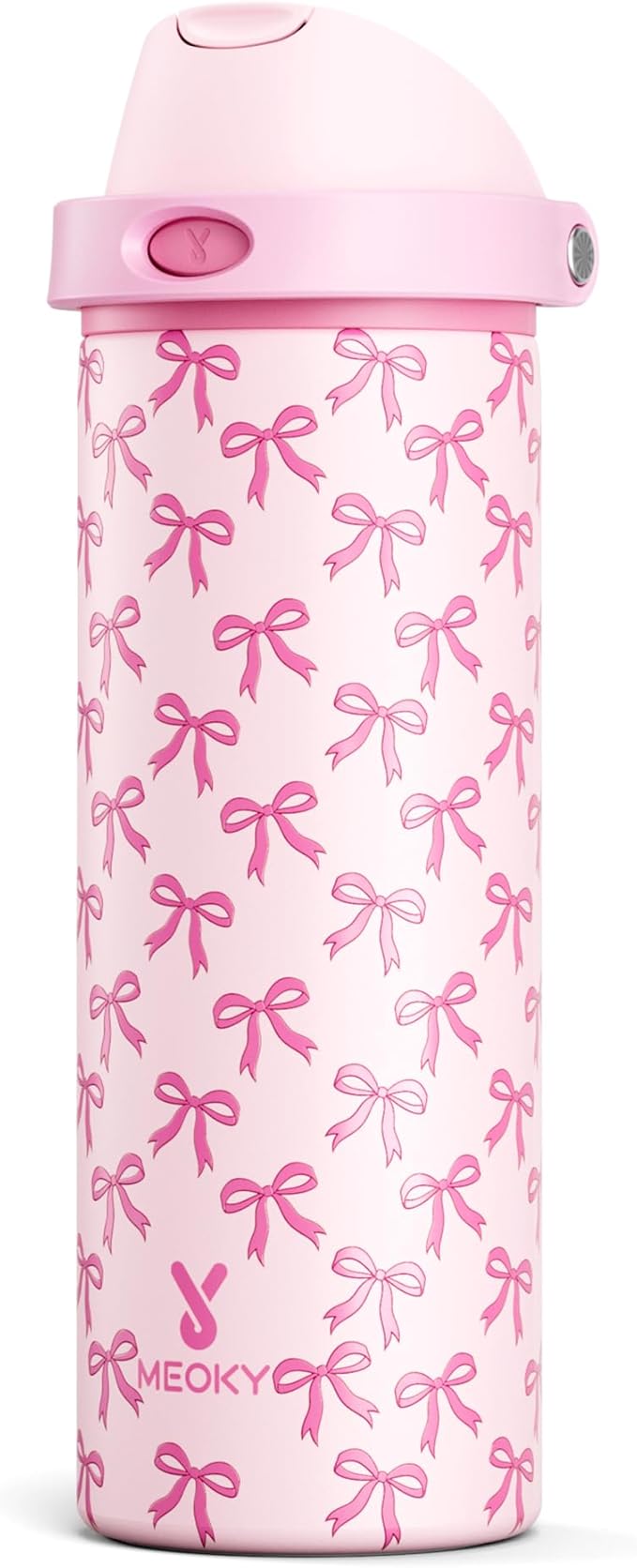 24 oz Insulated Water Bottle for Women: Meoky Stainless Steel Metal Water Bottle with 2-in-1 Straw and Spout Lid - Leak Proof, Cold for 24 Hours, Protective Silicone Base, BPA-Free for School, Bow by MEOKY