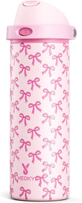 24 oz Insulated Water Bottle for Women: Meoky Stainless Steel Metal Water Bottle with 2-in-1 Straw and Spout Lid - Leak Proof, Cold for 24 Hours, Protective Silicone Base, BPA-Free for School, Bow by MEOKY