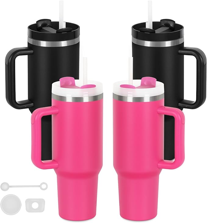 4 Pack 40 Oz Tumblers with Handle Bulk, Double Wall Vacuum Insulated Stainless Steel Tumblers with Lid and Straw, 40 oz Cup with Silicone Spill Proof Stopper Set (Black-2,Hot Pink-2) by Temolulu