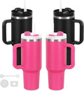 4 Pack 40 Oz Tumblers with Handle Bulk, Double Wall Vacuum Insulated Stainless Steel Tumblers with Lid and Straw, 40 oz Cup with Silicone Spill Proof Stopper Set (Black-2,Hot Pink-2) by Temolulu