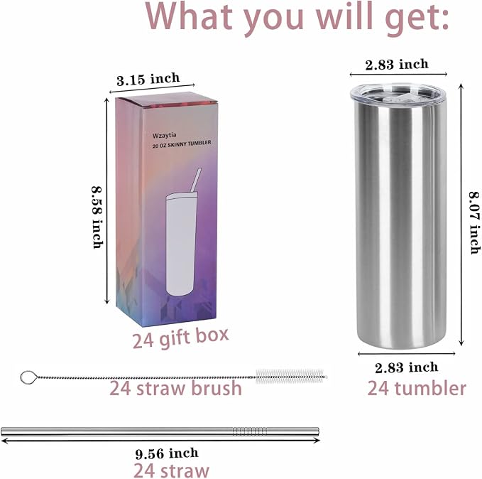 24 Pack 20 Oz Stainless Steel Straight Tumblers, Insulated Slim Skinny Travel Cup Set, BPA-Free Lids and Straws Included, Silver - Image 6