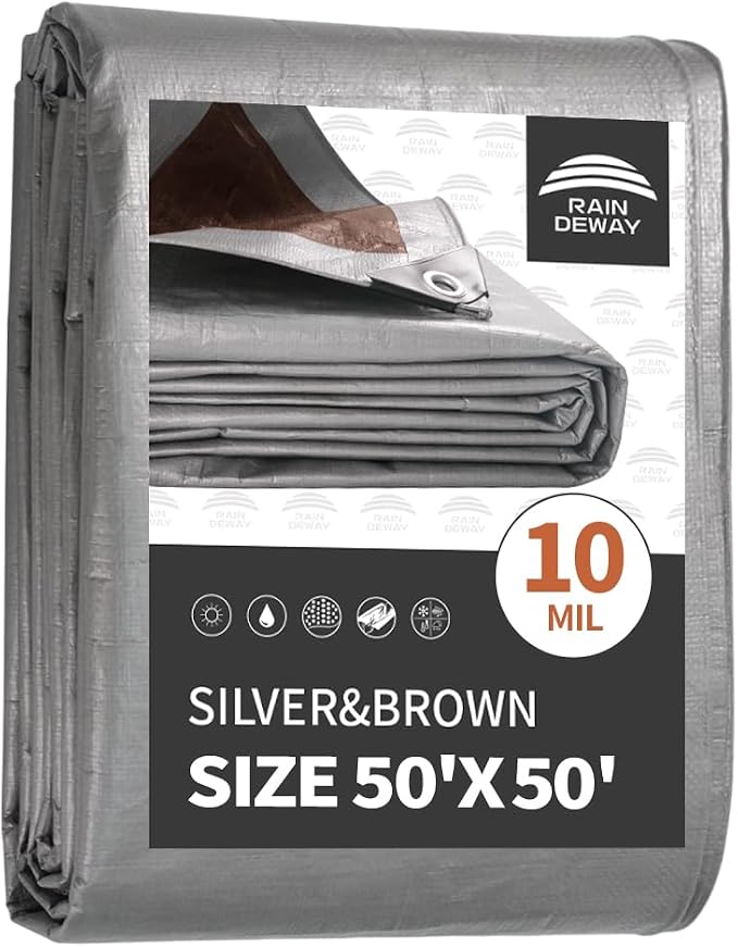 RAINDEWAY Tarps Heavy Duty Waterproof 50x50 Feet, 10 Mil Thick Multipurpose UV by RAINDEWAY