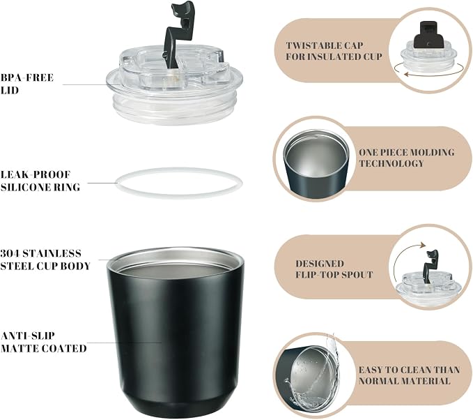 Puraville 2 Pack Insulated Tumblers with Lid, 10 oz Travel Coffee Mug Stainless Steel Vacuum Cup, Leak Proof Double Walled Coffee Tumbler for Iced and Hot Drinks, Black and Cream - Image 4