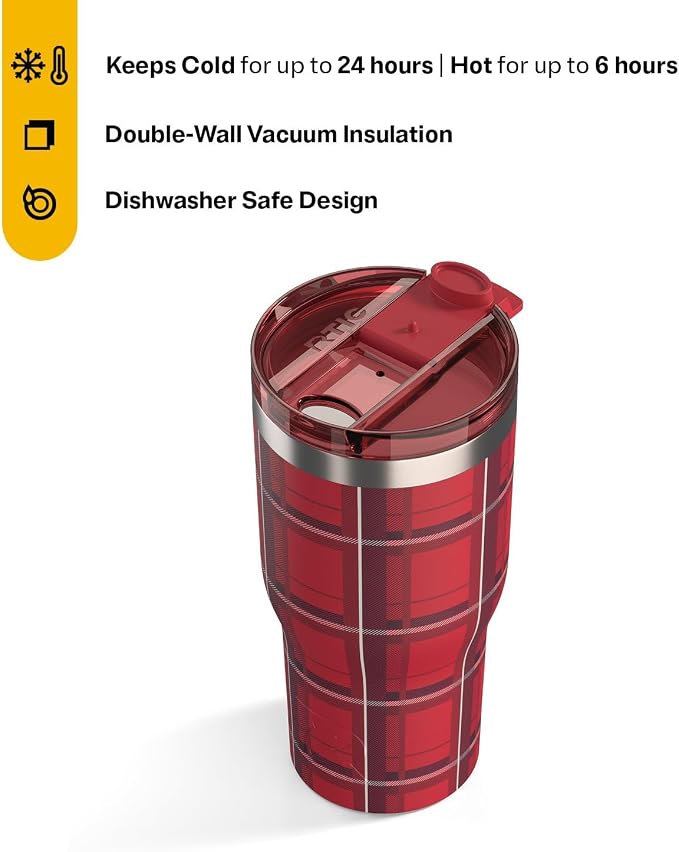 RTIC 30oz Essential Tumbler with Lid, Ceramic Lined, Insulated, Stainless Steel, Metal, Double Wall Vacuum-Insulation, Travel Cup for Iced Coffee, Tea, Hot and Cold Drink, Red Plaid - Image 3