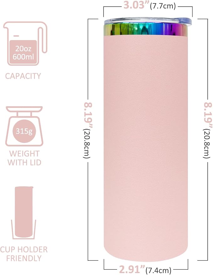 20 oz Skinny Tumblers Stainless Steel Tumbler with Lid and Straw Double Wall Vacuum Insulated Coffee Mug 20oz Powder Coated Cup for Hot and Cold Drinks(Pink,1 pack) - Image 2