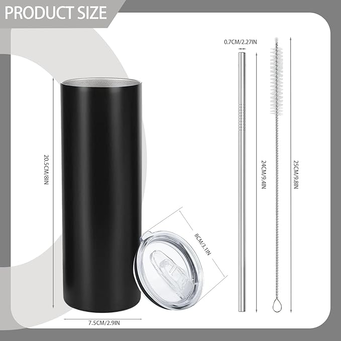 YOUKE OLA 12 Pack Stainless Steel Skinny Tumblers Bulk Straight Double Wall Insulated Tumbler with Lid and Straw for, DIY, Black, 20oz - Image 2