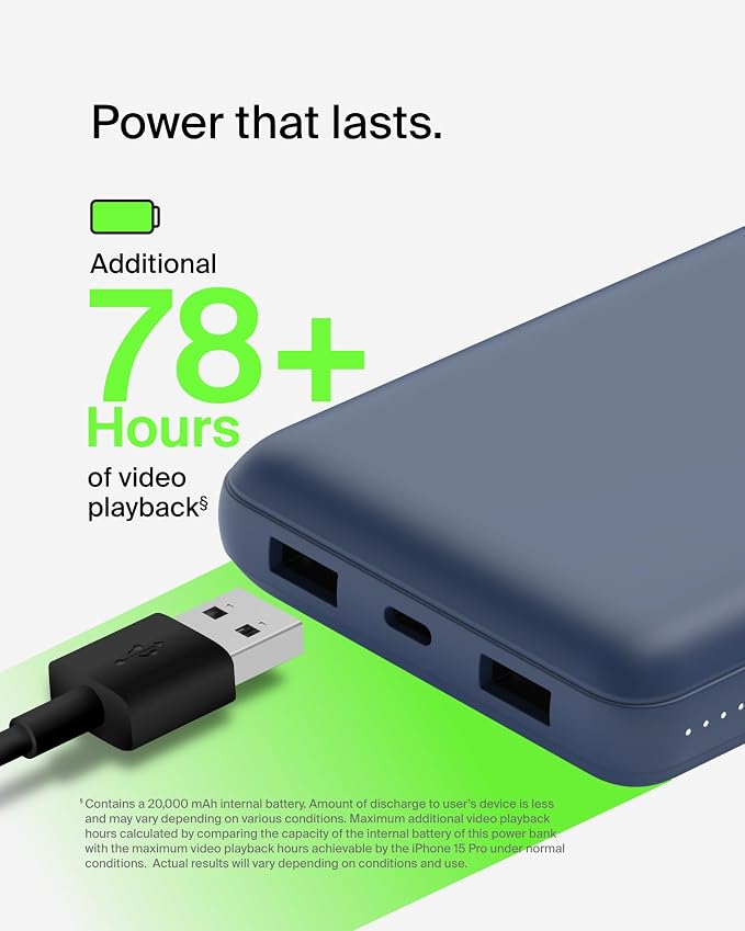 Belkin Portable Charger, USB C Power Bank 20000 mAh w/ 2 USB-A Ports, 15W w/ - Image 6