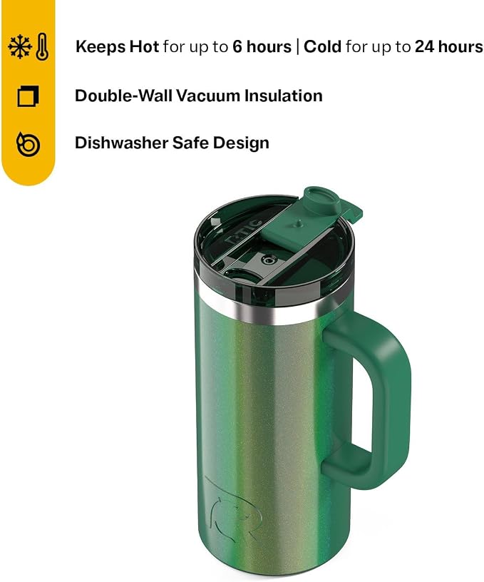 RTIC 16oz Road Trip Travel Mug with Lid and Handle, Ceramic Lined, Insulated, Stainless Steel, Metal, Double Wall Vacuum-Insulation, Portable Coffee, Tea Cup for Hot and Cold Drink, Pine Tree Glitter - Image 2