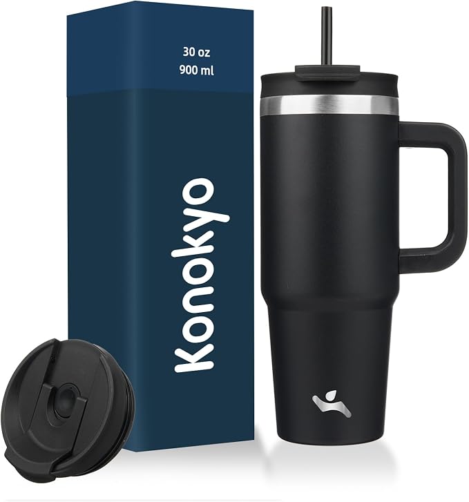 Konokyo 30 oz Tumbler with Handle and 2 Straws,2 in 1 Lid Insulated Water Bottle Stainless Steel Travel Coffee Mug,Black by Konokyo