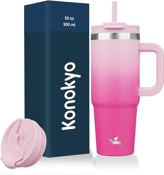 Konokyo 30 oz Tumbler with Handle and 2 Straws,2 in 1 Lid Insulated Water Bottle Stainless Steel Travel Coffee Mug,Cherry Blossoms by Konokyo
