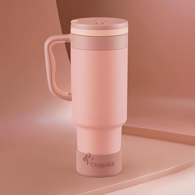 40 oz Insulated Tumbler with Handle and Push-Button Straw Lid, Stainless Steel Travel Cup for Gym Office, Leakproof, BPA-Free, Cup Holder Friendly, Bow Silicone Boot, (Peach Roasted) - Image 2