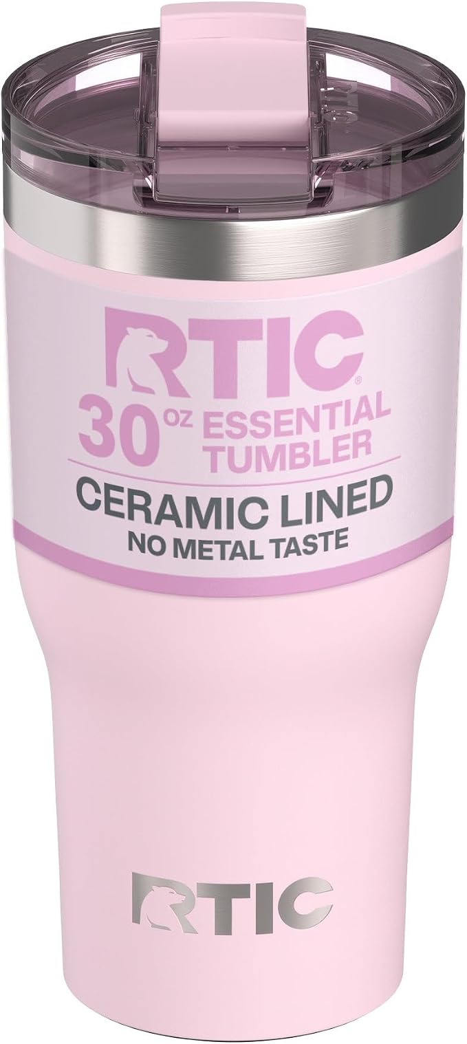 RTIC 30oz Essential Tumbler with Lid, Ceramic Lined, Insulated, Stainless Steel, Metal, Double Wall Vacuum-Insulation, Travel Cup for Iced Coffee, Tea, Hot and Cold Drink, Pale Pink by RTIC