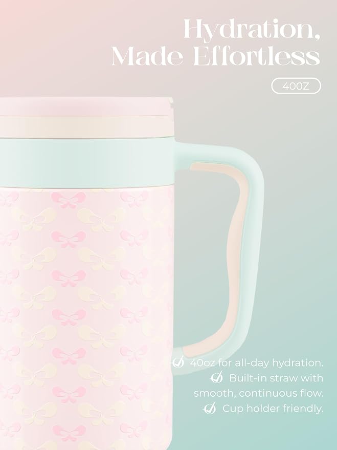 40 oz Insulated Tumbler with Handle and Push-Button Straw Lid, Stainless Steel Travel Cup for Gym Office, Leakproof, BPA-Free, Cup Holder Friendly, Bow Silicone Boot, Pink (Coquette Bloom) - Image 5