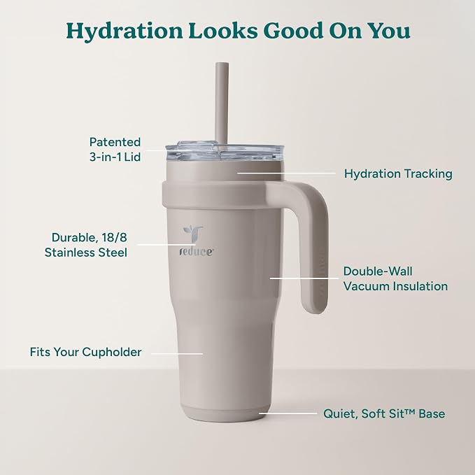 REDUCE 24 oz Stainless Steel Tumbler with Handle - Dual-Wall Vacuum Insulated Travel Mug, Sweat-Proof Lid & Reusable Straw - Keeps Drinks Cold for 24 Hrs, Fits Cupholders, Dishwasher Safe - Sand - Image 4