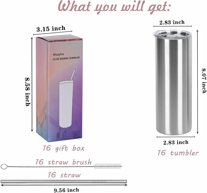 16 Pack 20 Oz Straight Skinny Tumblers,Individually Gift Boxed Stainless Steel Slim Skinny Tumbler Set Bulk, 20 Oz Insulated Slim Thin Travel Tumbler Cup for Diy, Silver - Image 7