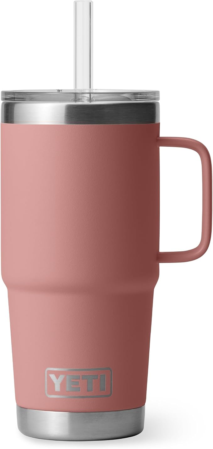 YETI Rambler 25 oz Tumbler with Handle and Straw Lid, Travel Mug Water Tumbler, Vacuum Insulated Cup with Handle, Stainless Steel, Sandstone Pink by YETI