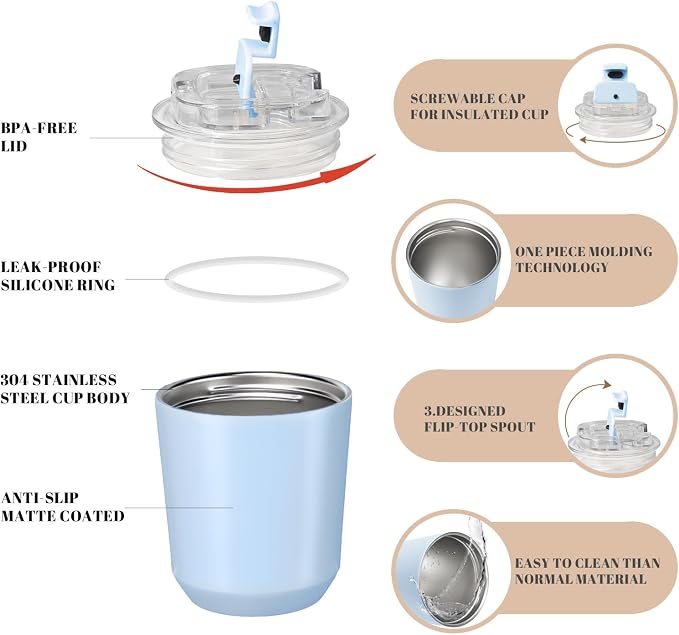 Puraville Insulated Tumblers with Lid, 10 oz Travel Coffee Mug Stainless Steel Vacuum Cup, Leak Proof Reusable Double Walled Coffee Tumbler for Iced and Hot Drinks, Light Blue - Image 4
