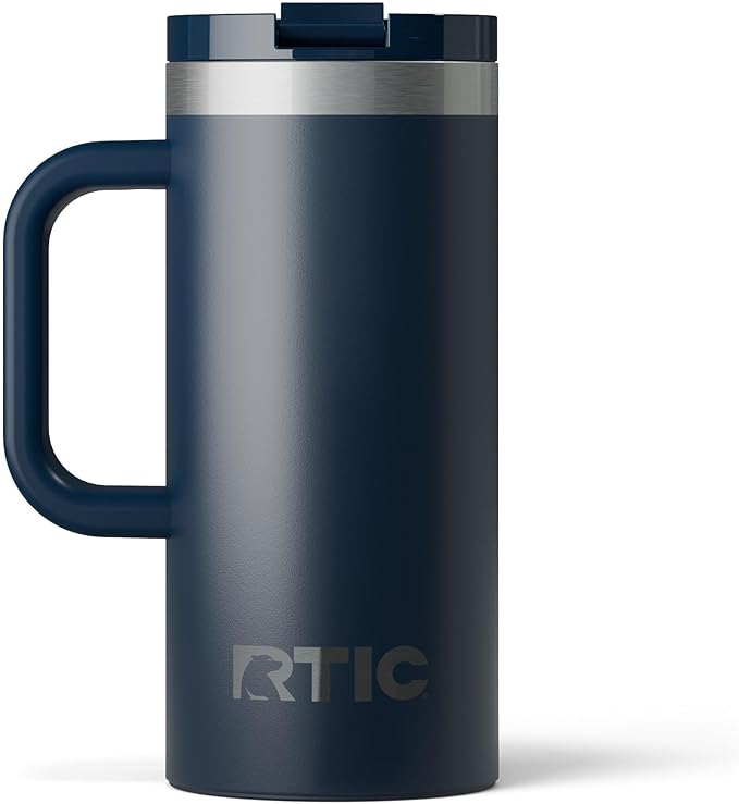 RTIC 16oz Road Trip Travel Mug with Lid and Handle, Ceramic Lined, Insulated, Stainless Steel, Metal, Double Wall Vacuum-Insulation, Portable Coffee, Tea Cup for Hot and Cold Drink, Navy by RTIC