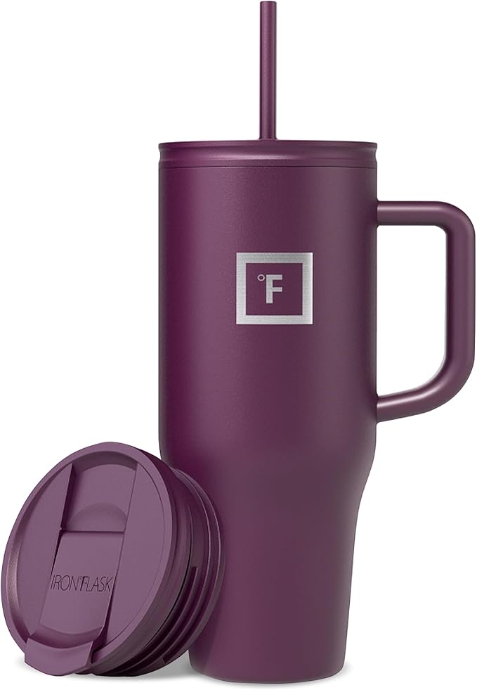 IRON °FLASK Co-Pilot Insulated Mug w/Straw & Flip Cap Lids - Cup Holder Bottle for Hot, Cold Drink - Leak-Proof - Water, Coffee Portable Travel Mug - Burgundy, 32 Oz by IronFlask