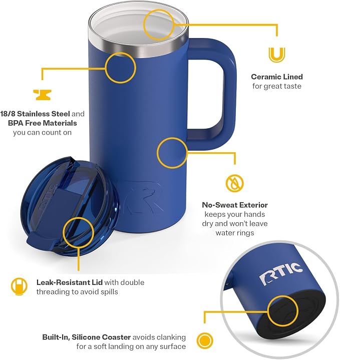 RTIC 16oz Road Trip Travel Mug with Lid and Handle, Ceramic Lined, Insulated, Stainless Steel, Metal, Double Wall Vacuum-Insulation, Portable Coffee, Tea Cup for Hot and Cold Drink, Cobalt - Image 3