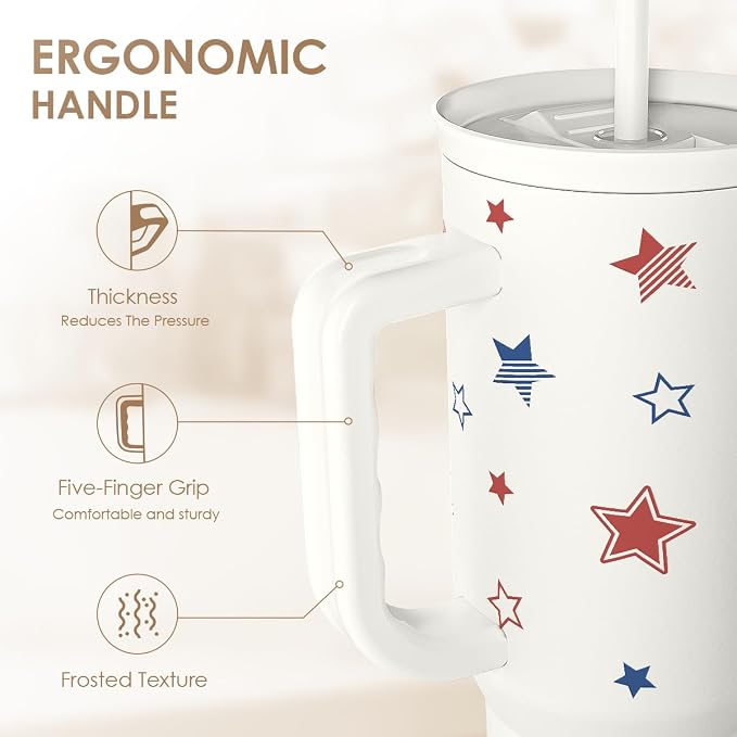 SANDJEST American Flag 40oz Tumbler with Handle and Straw, Insulated Stainless Steel Travel Coffee Mug for Women Girls, Gift Idea for Birthday Christmas 4th of July (Star) - Image 3