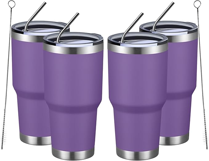 MEWAY 30oz Insulated Tumbler With Lids and Straws,Stainless Steel Double Vacuum Coffee Tumbler Cup, Brush, Durable Powder Coated Coffee Cup for Cold & Hot Drinks, Office, Travel(Purple,4 PACK) by MEWAY